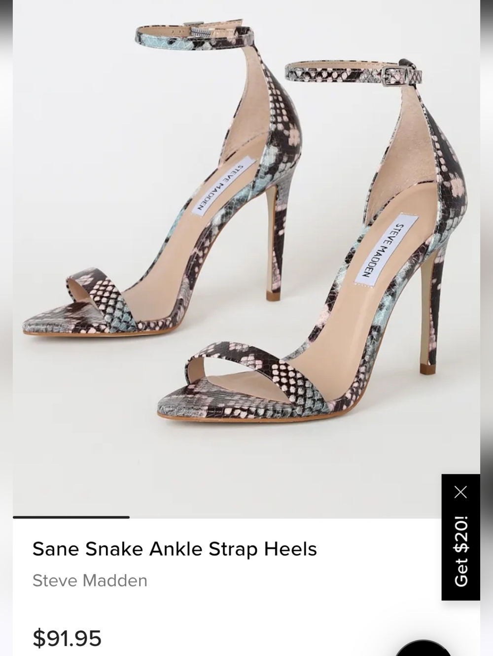 Steve Madden High Heel Shoe 7.5 Tan Snake Print Leather Sandals Strappy Stiletto